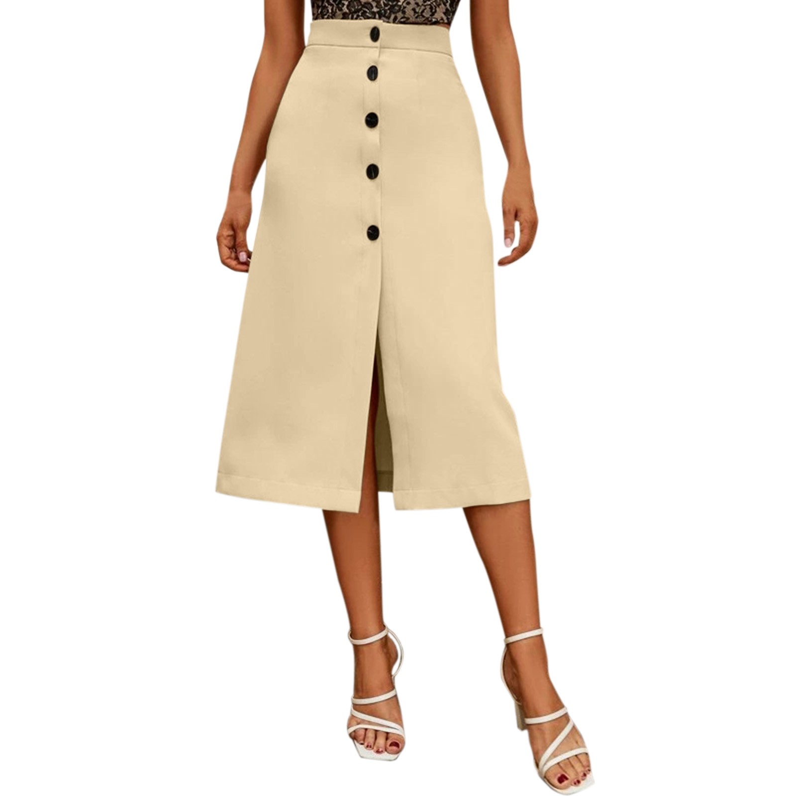 thumbnail image 1 of Falda midi elegante de color liso y cintura alta para mujer: corte recto, sin elástico, poliéster, adecuada para la oficina o para llevar de forma informal, 1 of 8